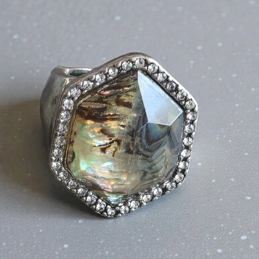 Silver Abalone Hexagon Crystal Stretch Ring